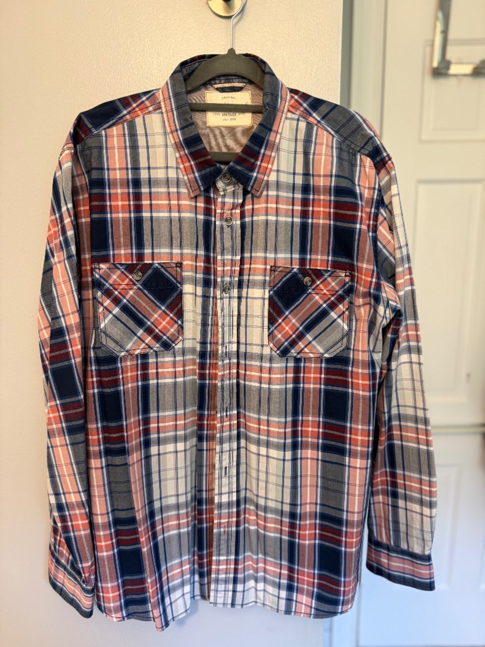 Weatherproof Vintage Navy Coral Grey Cream Plaid Shirt XL Long Sleeve